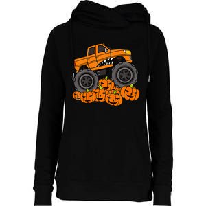 Monster Truck Halloween Jack O Lantern Pumpkin Womens Funnel Neck Pullover Hood