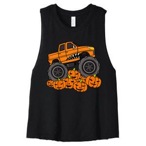 Monster Truck Halloween Jack O Lantern Pumpkin Women's Racerback Cropped Tank