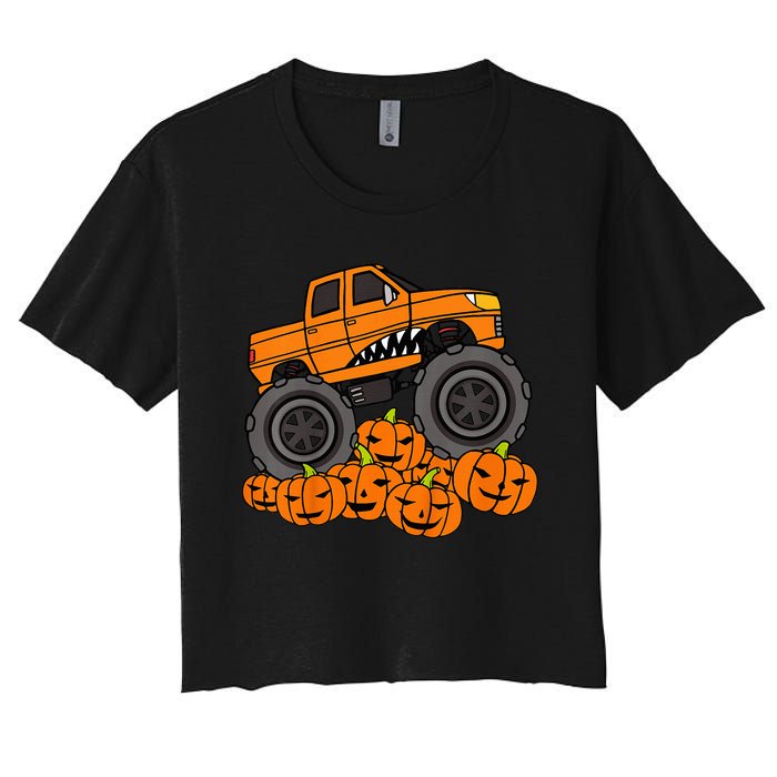 Monster Truck Halloween Jack O Lantern Pumpkin Women's Crop Top Tee