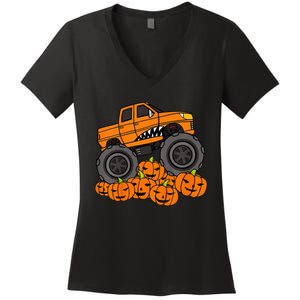 Monster Truck Halloween Jack O Lantern Pumpkin Women's V-Neck T-Shirt