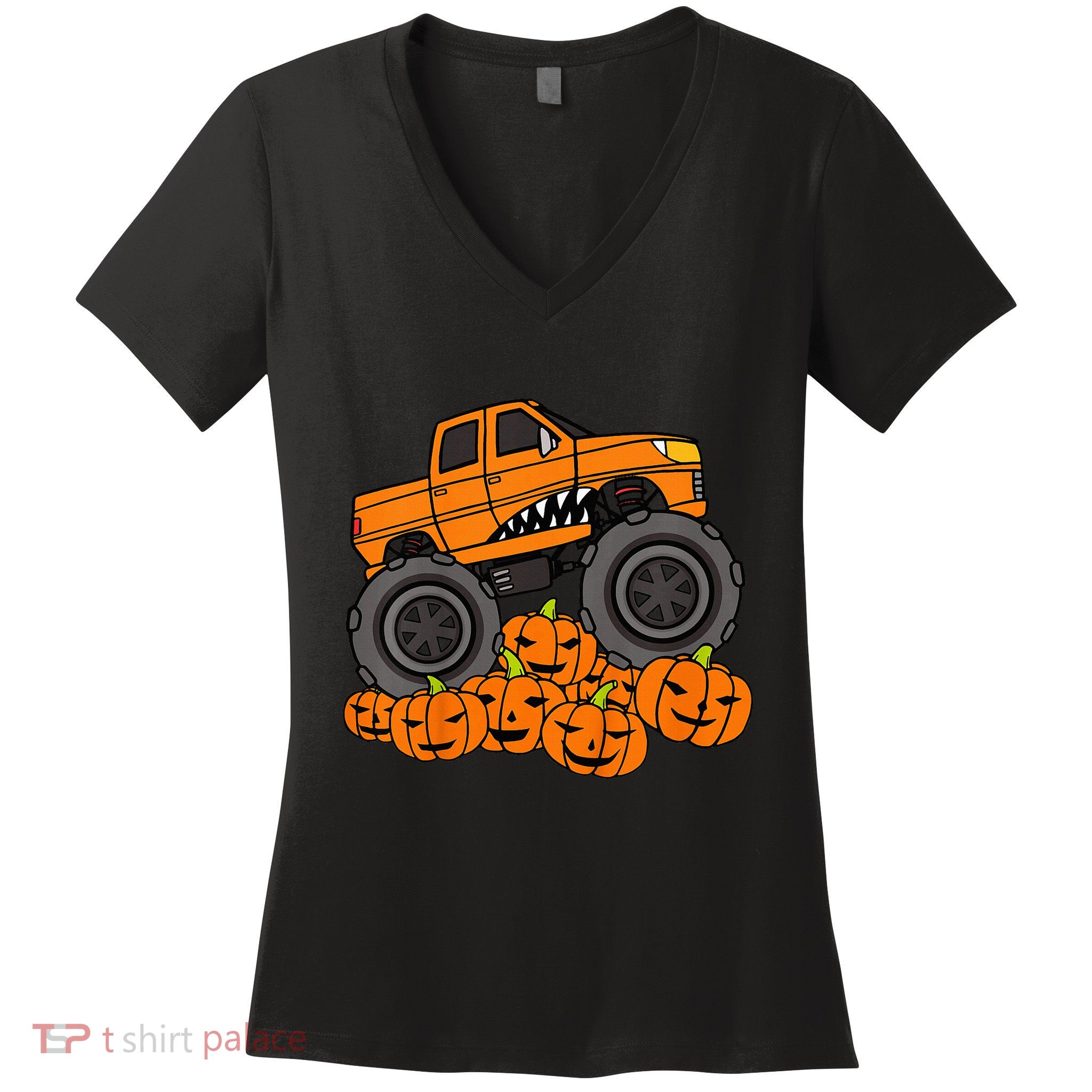 Monster Truck Halloween Jack O Lantern Pumpkin Women's V-Neck T-Shirt