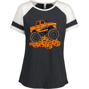 Monster Truck Halloween Jack O Lantern Pumpkin Enza Ladies Jersey Colorblock Tee