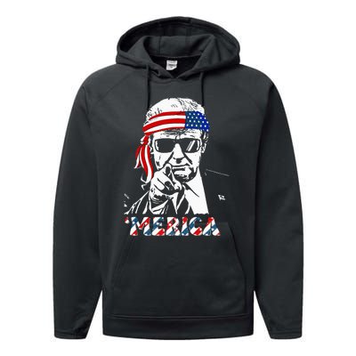 Merica Trump Happy 4th Of July Trump American Flag Performance Fleece Hoodie