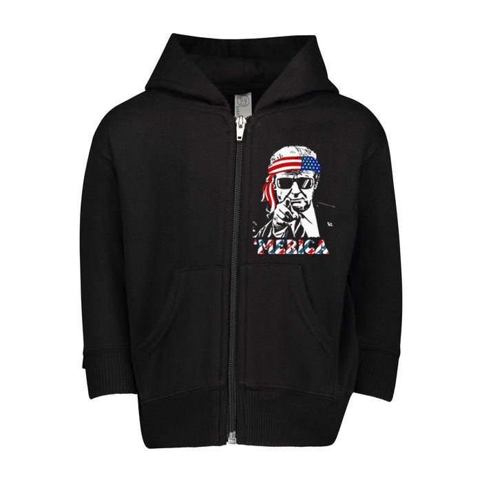 Merica Trump Happy 4th Of July Trump American Flag Toddler Zip Fleece Hoodie