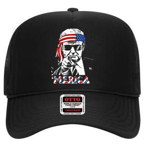 Merica Trump Happy 4th Of July Trump American Flag High Crown Mesh Back Trucker Hat