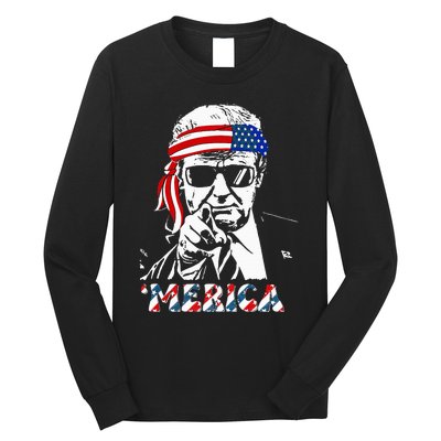 Merica Trump Happy 4th Of July Trump American Flag Long Sleeve Shirt