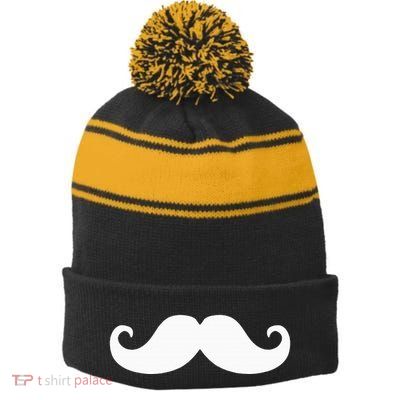 Mustache Trendy Hipster Funny Handlebar Mustache Stripe Pom Pom Beanie