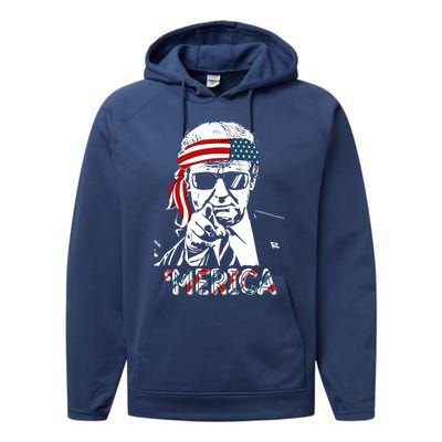 Merica Trump Happy 4th Of July Trump American Flag Meaningful Gift Performance Fleece Hoodie