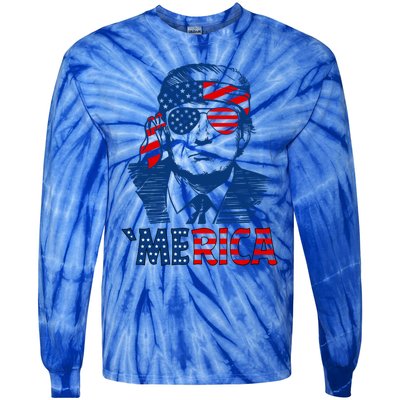 Merica Trump Happy 4th Of July Trump Patriot American Flag Gift Tie-Dye Long Sleeve Shirt