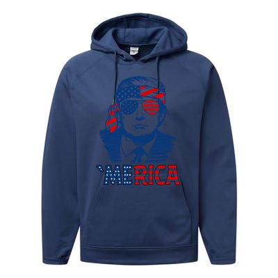 Merica Trump Happy 4th Of July Trump Patriot American Flag Gift Performance Fleece Hoodie