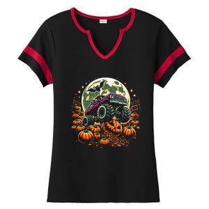 Monster Truck Halloween Jack O Lantern Moon Pumpkin Ladies Halftime Notch Neck Tee