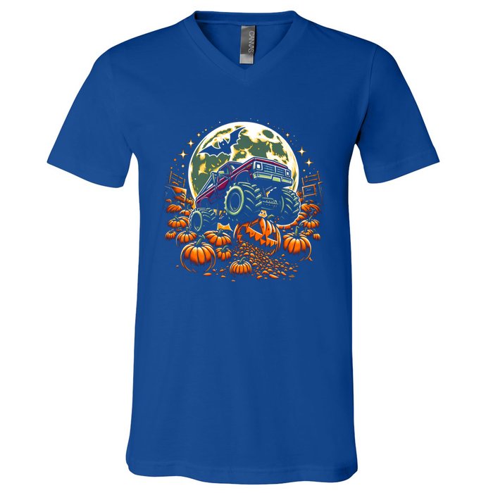 Monster Truck Halloween Jack O Lantern Moon Pumpkin V-Neck T-Shirt