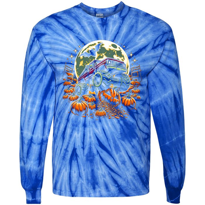 Monster Truck Halloween Jack O Lantern Moon Pumpkin Tie-Dye Long Sleeve Shirt