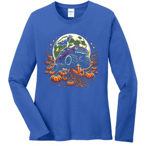 Monster Truck Halloween Jack O Lantern Moon Pumpkin Ladies Long Sleeve Shirt