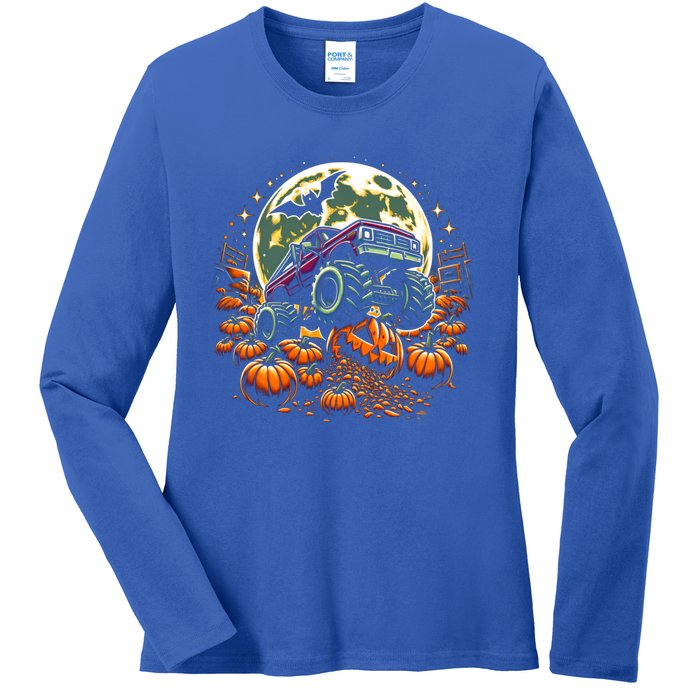 Monster Truck Halloween Jack O Lantern Moon Pumpkin Ladies Long Sleeve Shirt