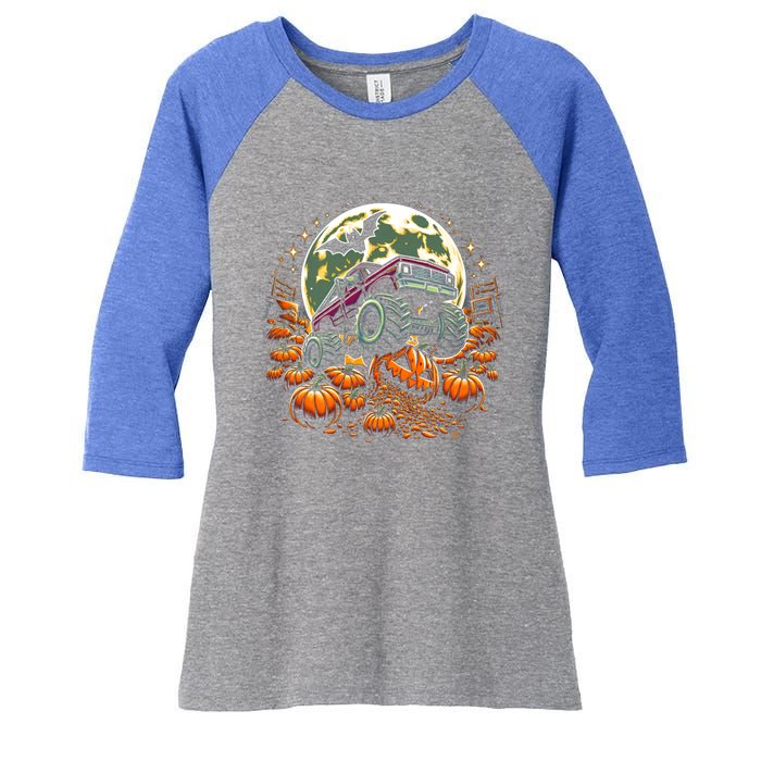 Monster Truck Halloween Jack O Lantern Moon Pumpkin Women's Tri-Blend 3/4-Sleeve Raglan Shirt