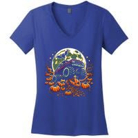 Monster Truck Halloween Jack O Lantern Moon Pumpkin Women's V-Neck T-Shirt