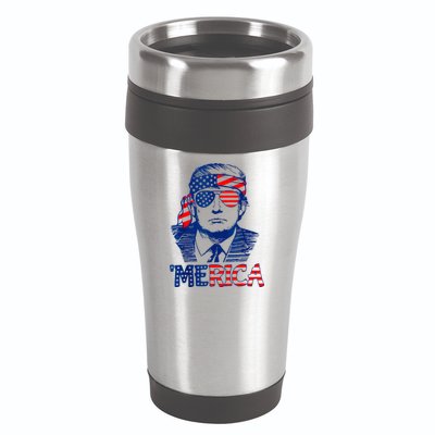 Merica Trump Happy 4th Of July Trump American Flag Fun 16oz Travel Tumbler