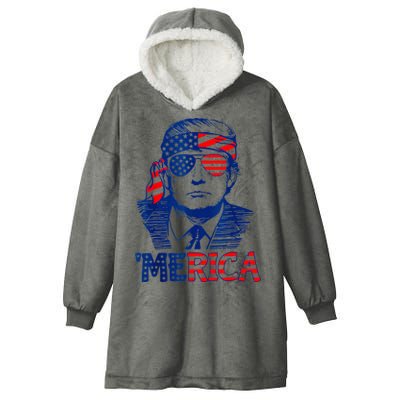 Merica Trump Happy 4th Of July Trump American Flag Fun Hooded Wearable Blanket
