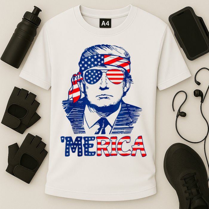Merica Trump Happy 4th Of July Trump American Flag Fun Cooling Performance Crew T-Shirt