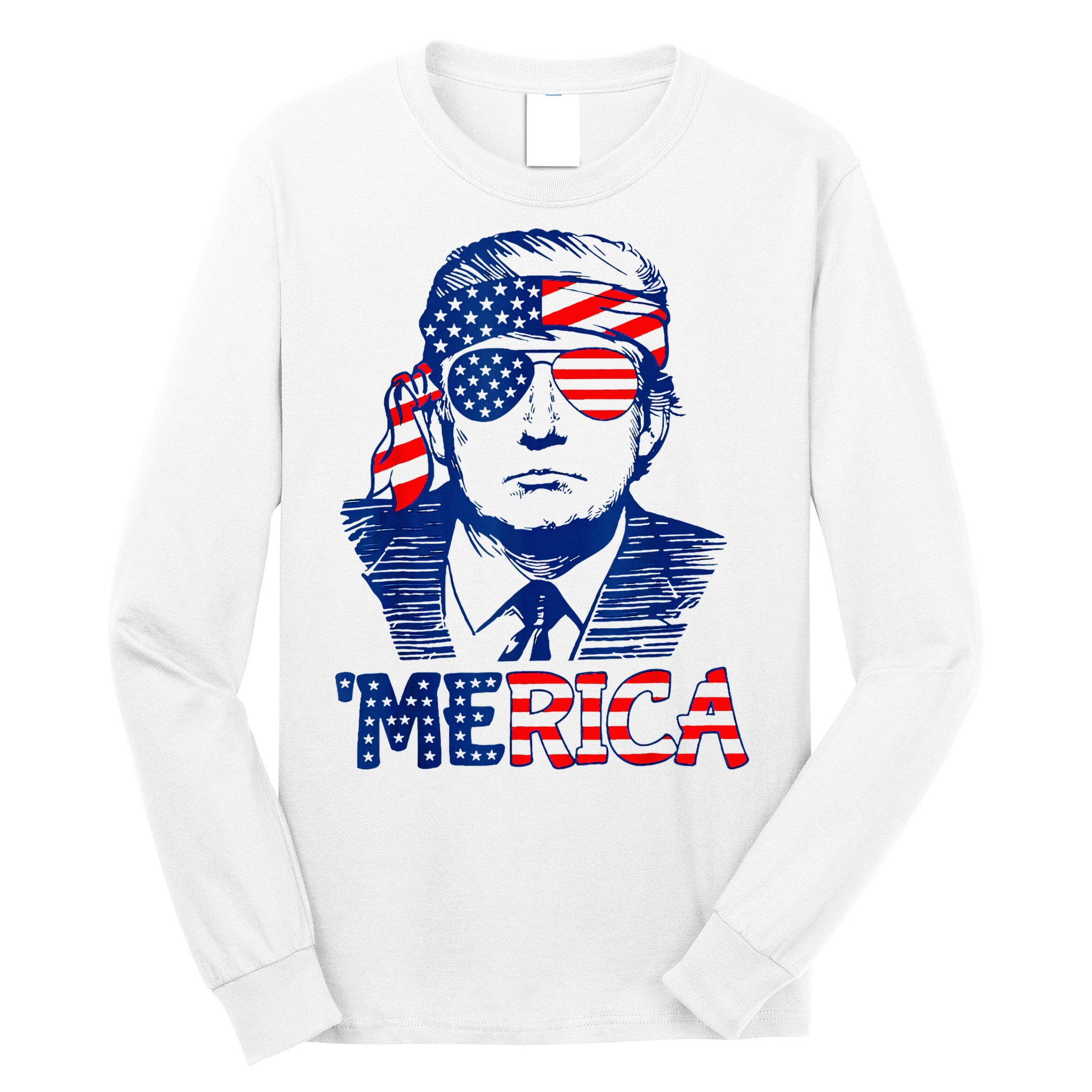 Merica Trump Happy 4th Of July Trump American Flag Fun Long Sleeve Shirt