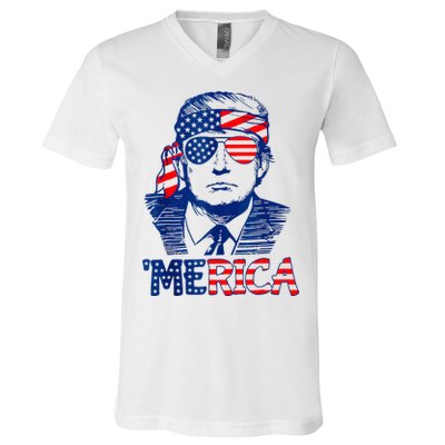 Merica Trump Happy 4th Of July Trump American Flag Fun V-Neck T-Shirt