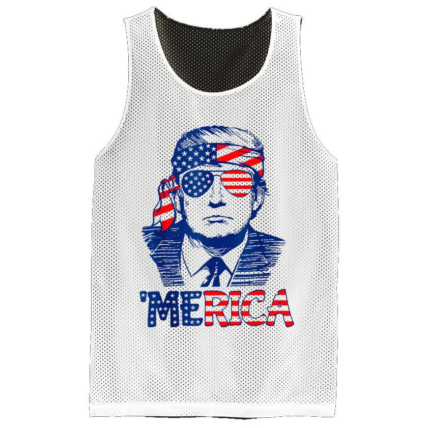 Merica Trump Happy 4th Of July Trump American Flag Fun Mesh Reversible Basketball Jersey Tank