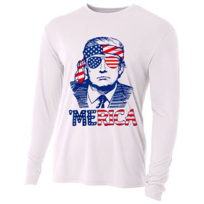 Merica Trump Happy 4th Of July Trump American Flag Fun Cooling Performance Long Sleeve Crew