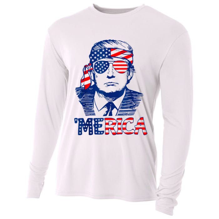 Merica Trump Happy 4th Of July Trump American Flag Fun Cooling Performance Long Sleeve Crew