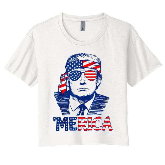 Merica Trump Happy 4th Of July Trump American Flag Fun Crop Top