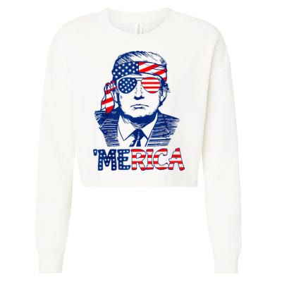 Merica Trump Happy 4th Of July Trump American Flag Fun Cropped Pullover Crew