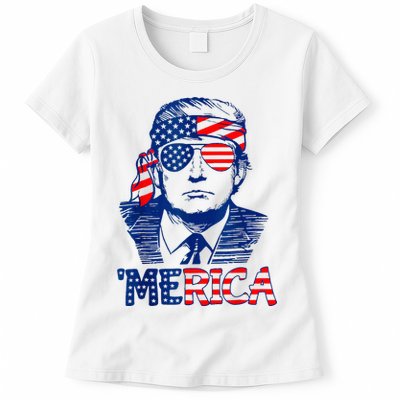 Merica Trump Happy 4th Of July Trump American Flag Fun Womens T-Shirt