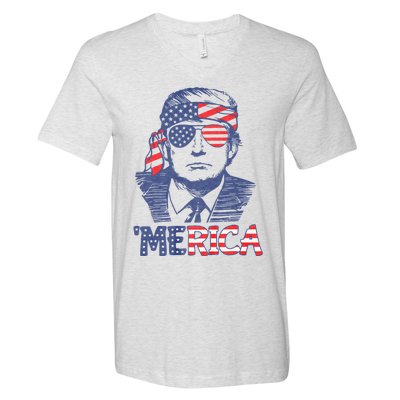 Merica Trump Happy 4th Of July Trump American Flag V-Neck T-Shirt