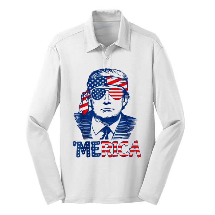 Merica Trump Happy 4th Of July Trump American Flag Silk Touch Performance Long Sleeve Polo