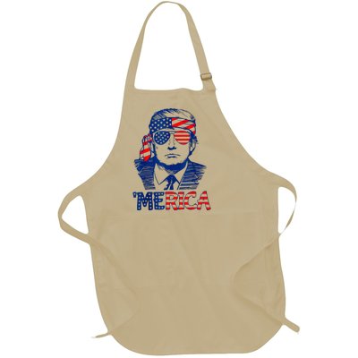 Merica Trump Happy 4th Of July Trump American Flag Full-Length Apron With Pockets