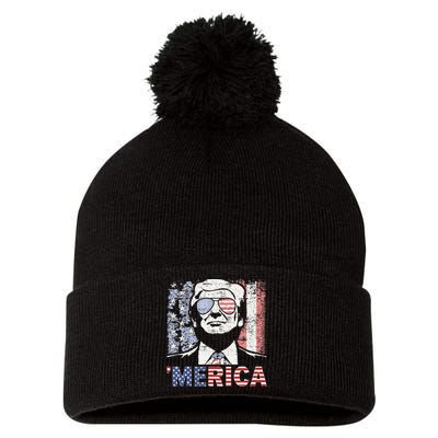 Merica Trump Happy 4th Of July Trump American Flag Pom Pom 12in Knit Beanie