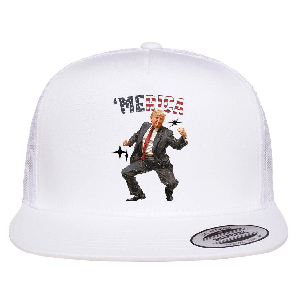 Merica Trump Happy 4th Of July Trump American Flag Flat Bill Trucker Hat