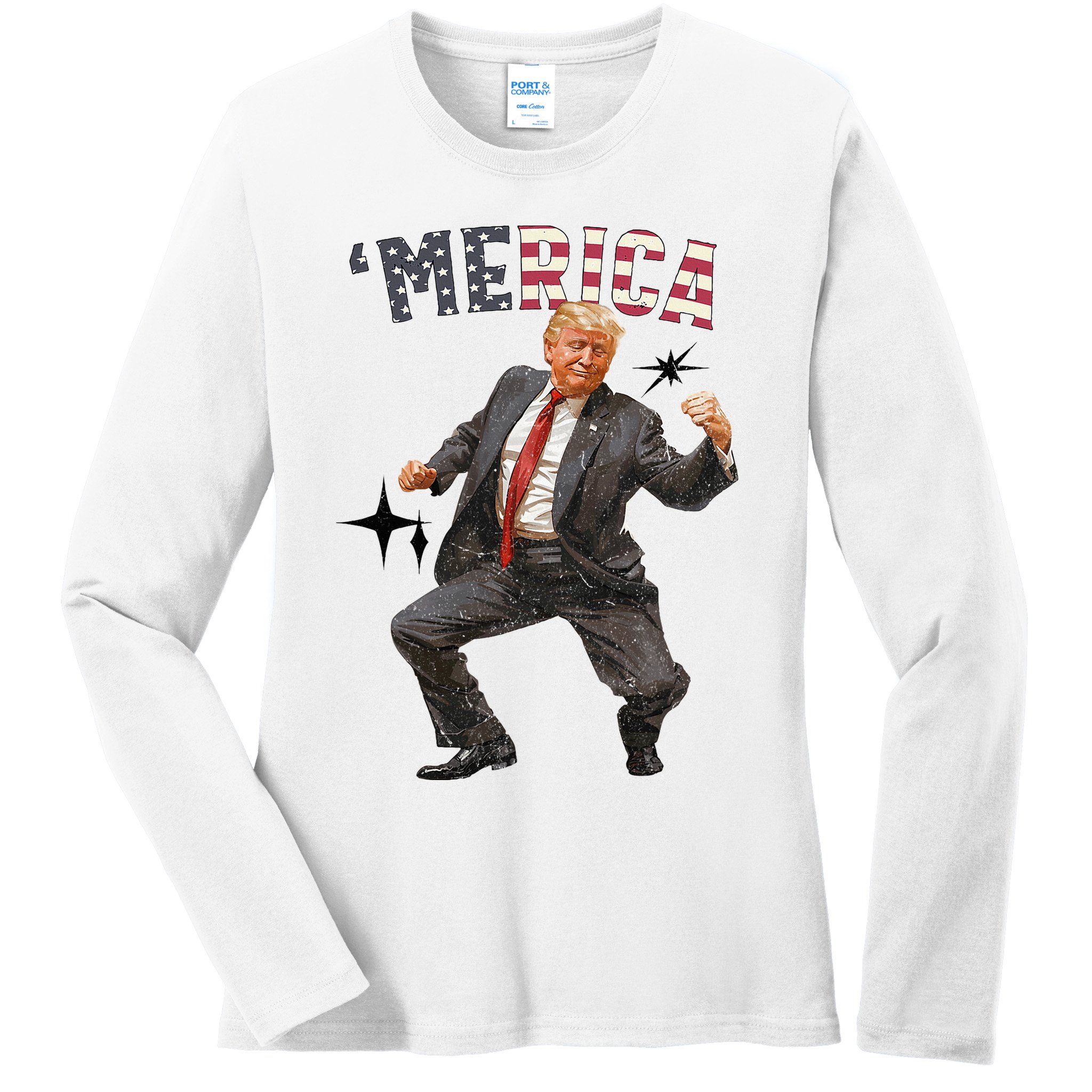Merica Trump Happy 4th Of July Trump American Flag Ladies Long Sleeve Shirt