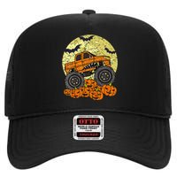 Monster Truck Halloween Jack O Lantern Moon Pumpkin High Crown Mesh Back Trucker Hat