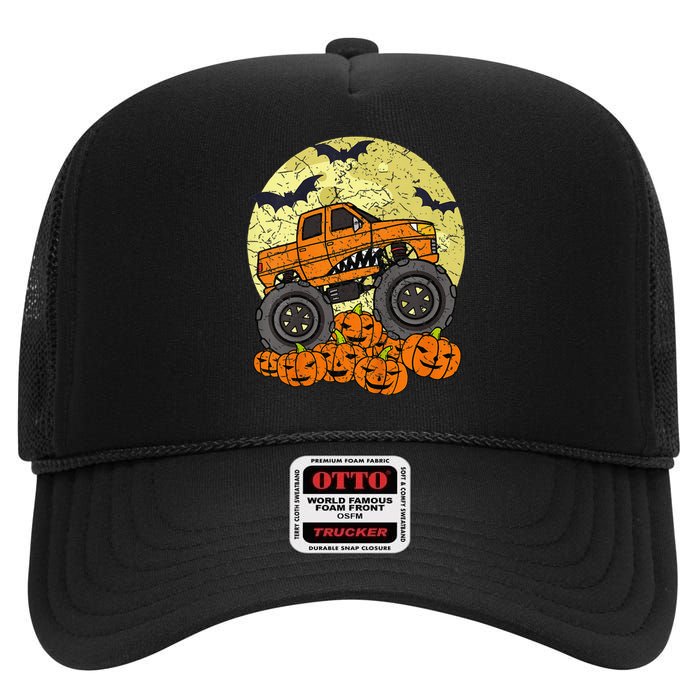 Monster Truck Halloween Jack O Lantern Moon Pumpkin High Crown Mesh Back Trucker Hat