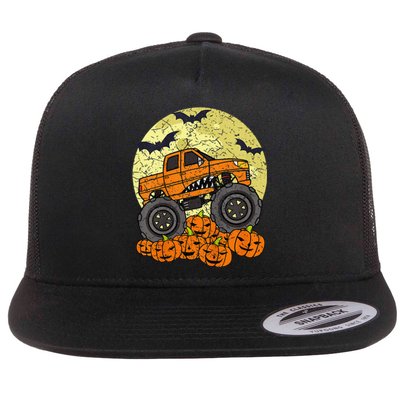 Monster Truck Halloween Jack O Lantern Moon Pumpkin Flat Bill Trucker Hat