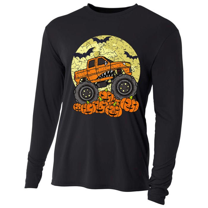 Monster Truck Halloween Jack O Lantern Moon Pumpkin Cooling Performance Long Sleeve Crew