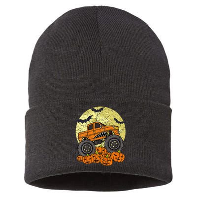 Monster Truck Halloween Jack O Lantern Moon Pumpkin Sustainable Knit Beanie