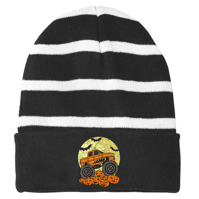 Monster Truck Halloween Jack O Lantern Moon Pumpkin Striped Beanie with Solid Band