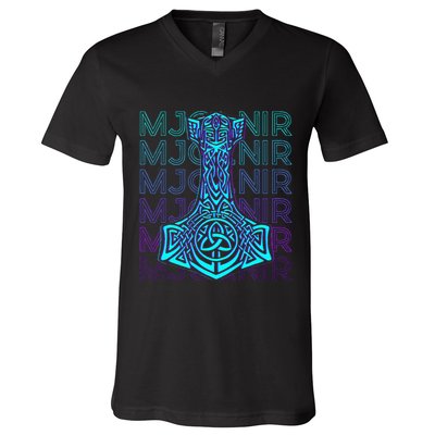 Mjolnir Thor Hammer Norse Mythology Retro V-Neck T-Shirt