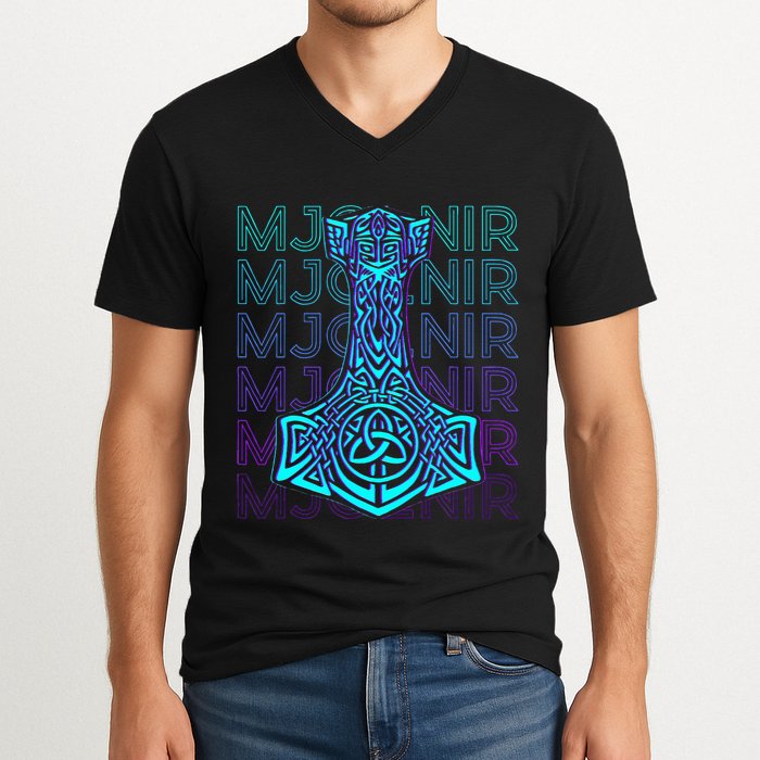 Mjolnir Thor Hammer Norse Mythology Retro V-Neck T-Shirt