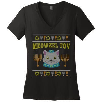 Meowzel Tov Jewish Cat Ugly Christmas Hanukkah  Women's V-Neck T-Shirt