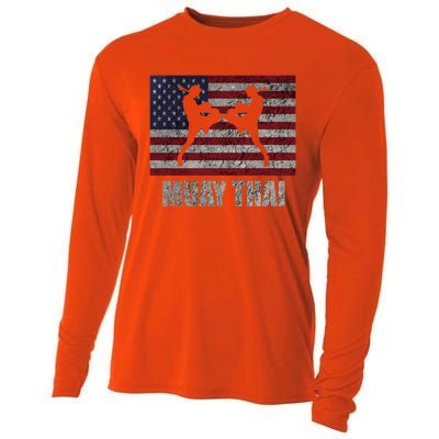 Muay Thai Kickboxing American Flag Mma Vintage Cute Gift Cooling Performance Long Sleeve Crew