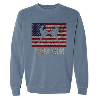 Muay Thai Kickboxing American Flag Mma Vintage Cute Gift Garment-Dyed Sweatshirt