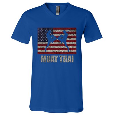 Muay Thai Kickboxing American Flag Mma Vintage Cute Gift V-Neck T-Shirt